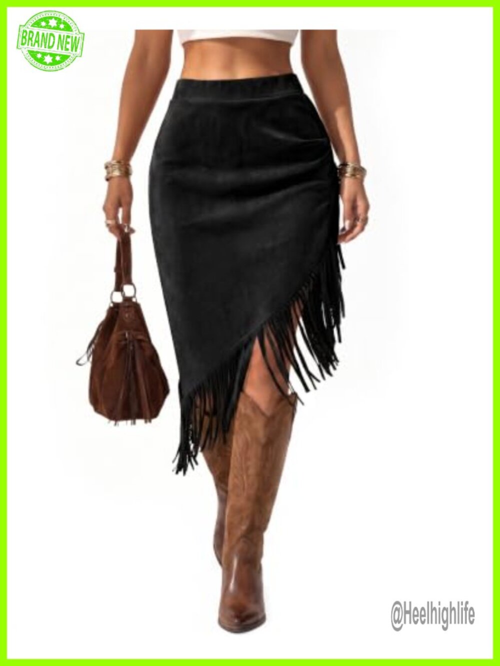 Faux Suede Fringe Midi Skirt Asymmetrical Western Cowgirl